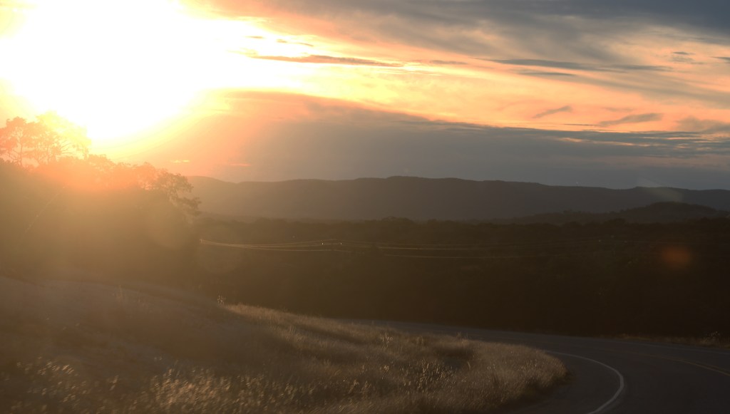 Texas Hill Country heading to Utopia at sundown..