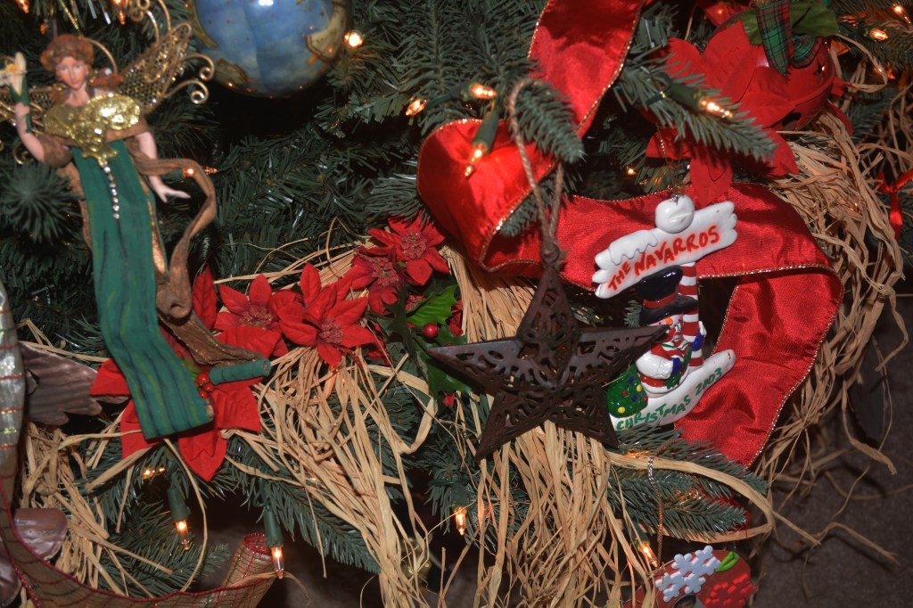 Tree trimmings with raffia, poinsettia and family memories 