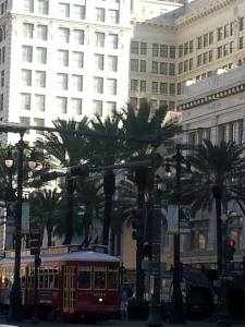 Canal Street where the street cars meet the edge of the French Quarter