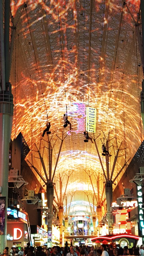 Fremont -Zip lining in Vegas under the largest digital screen in the world. photo Jolene Navarro