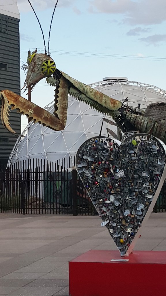 3-D Art on Fremont Street in Vegas. The Praying Mantis outside Container Park on Fremont St. photo by Jolene Navarro