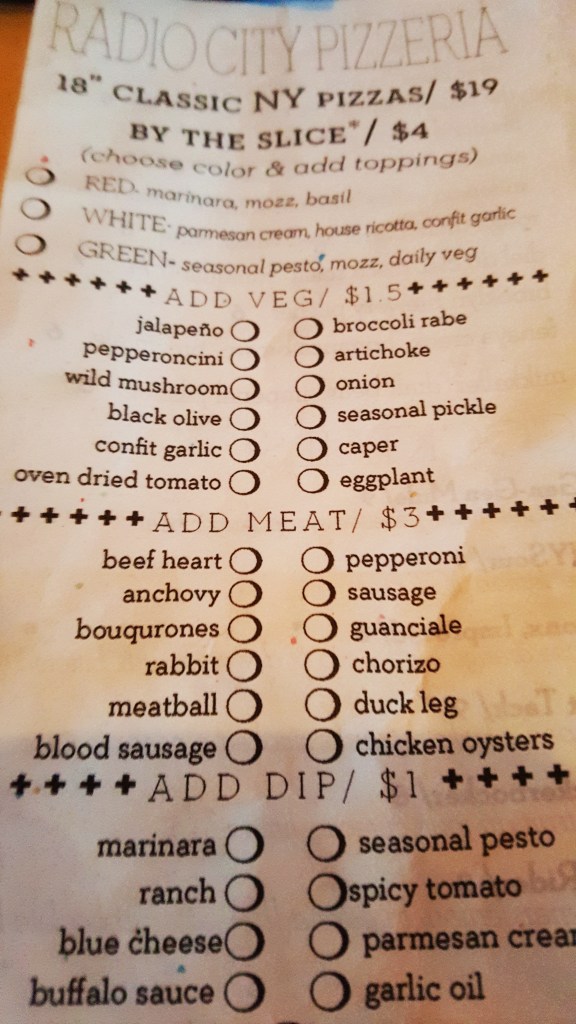 Unusual topping choices at the Radio City Pizzeria on Fremont East