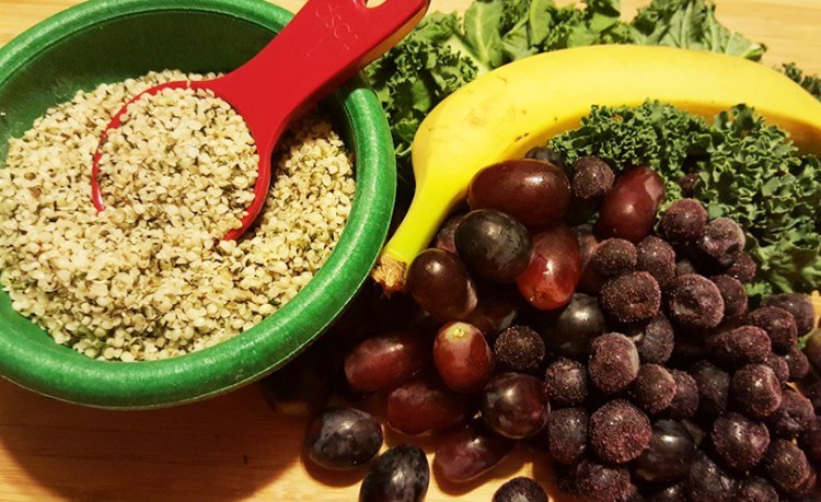 For my smoothie: Hemp, organic banana, organic kale, organic red and black grapes and organic frozen blueberries with unsweetened almond milk.