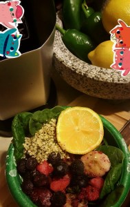 HEB Blendable with Strawberries, Blueberries, Banana, raspberries. I added juice of half lemon, hemp and handful of spinach, & a cup of unsweetened almond milk.