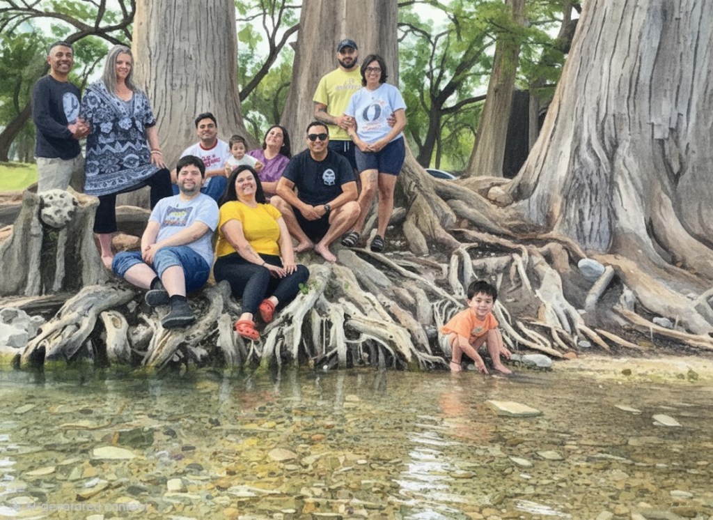 Family sitting on the roots of a Cypress Tree at the bank of the Frio River