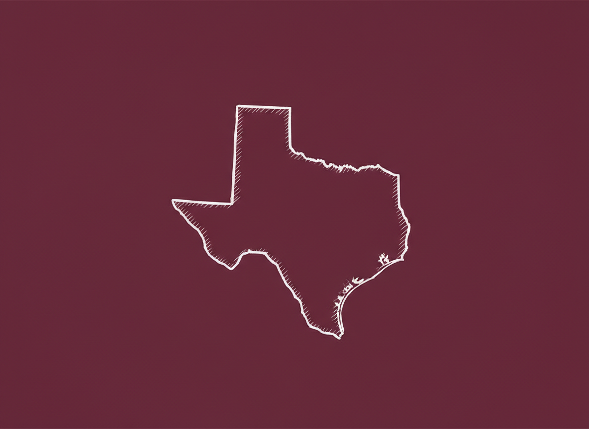 A wide horizontal banner background with a minimalist hand-drawn sketch outline of the state of Texas in white ink on a deep burgundy/wine colored background.